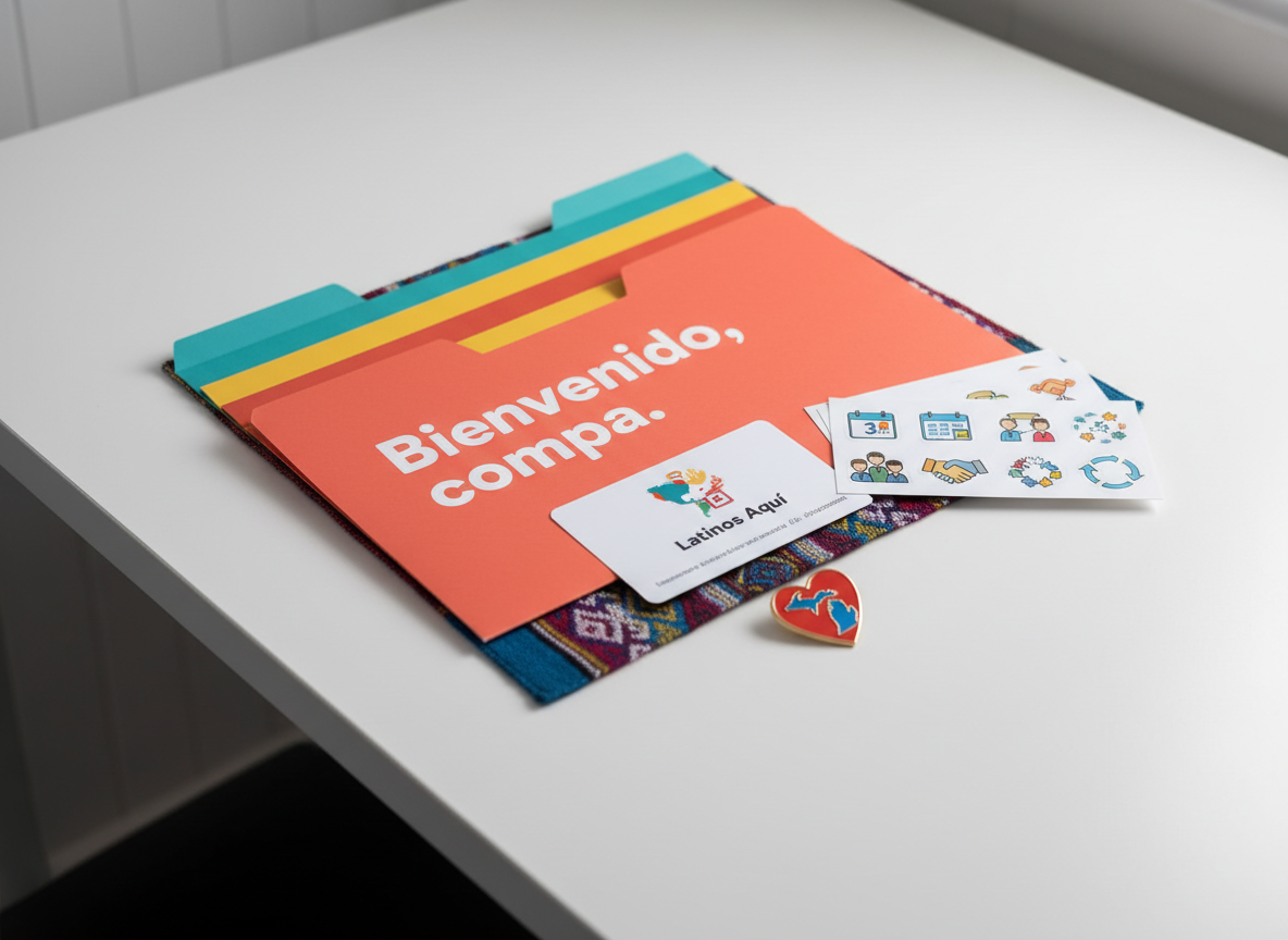 A close-up, photographic scene of a playful community “welcome kit” arranged on a smooth, matte white desk: a vibrant folder labeled “Bienvenido, compa” in bold, friendly lettering, a glossy membership card for “Latinos Aquí,” a small enamel pin shaped like a heart over Michigan, and a sticker sheet with icons for events, mentorship, and collaboration. The folder edges reveal inserts in bright teal, coral, and sunny yellow. A subtle textile with Latin American motifs peeks from underneath. Soft, diffused studio lighting from the left creates clean, minimal shadows and a crisp, modern look. Shot from a slightly elevated angle with shallow depth of field, the image feels fresh, playful, and professional, perfectly suited for a nonprofit community site.