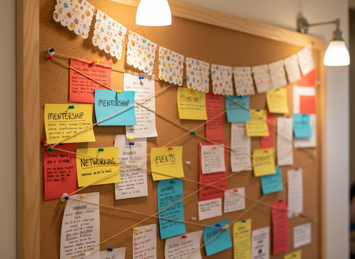 A warm, inviting community bulletin board made of honey-colored cork framed in light maple wood, completely covered with overlapping flyers, handwritten notes, and event cards in Spanish and English, all designed with bright reds, yellows, and turquoise blues reminiscent of Latin American markets. Small pushpins and strings connect cards labeled “mentorship,” “networking,” “events,” and “hermandad.” A fabric banner with tiny papel picado patterns hangs above the board. Soft indoor pendant lighting casts gentle highlights on the paper textures and wood grain, creating a cozy, organized chaos. Photographic realism from a slightly angled, close-up perspective with shallow depth of field, capturing the playful, dynamic energy of a Latino community hub in West Michigan without showing any people.