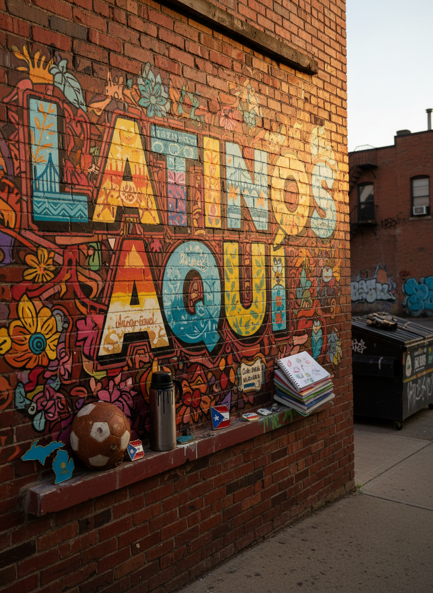 A vibrant, large mural-style illustration of the words “Latinos Aquí” painted in bold, hand-lettered typography across a textured brick wall, the letters filled with intricate patterns inspired by Latin American textiles, papel picado cutouts, and subtle West Michigan landmarks. Around the edges lie scattered symbolic objects: a worn leather soccer ball, colorful notebooks, a small coffee thermos, and enamel pins shaped like Michigan and Latin American countries. Warm late-afternoon sunlight grazes the wall, emphasizing brushstrokes and surface relief, while the background softly blurs into an urban alley. Photographic realism with saturated colors, shot straight-on at eye level, creating an energetic, playful, and welcoming mood that feels like a visual gateway to community and connection.