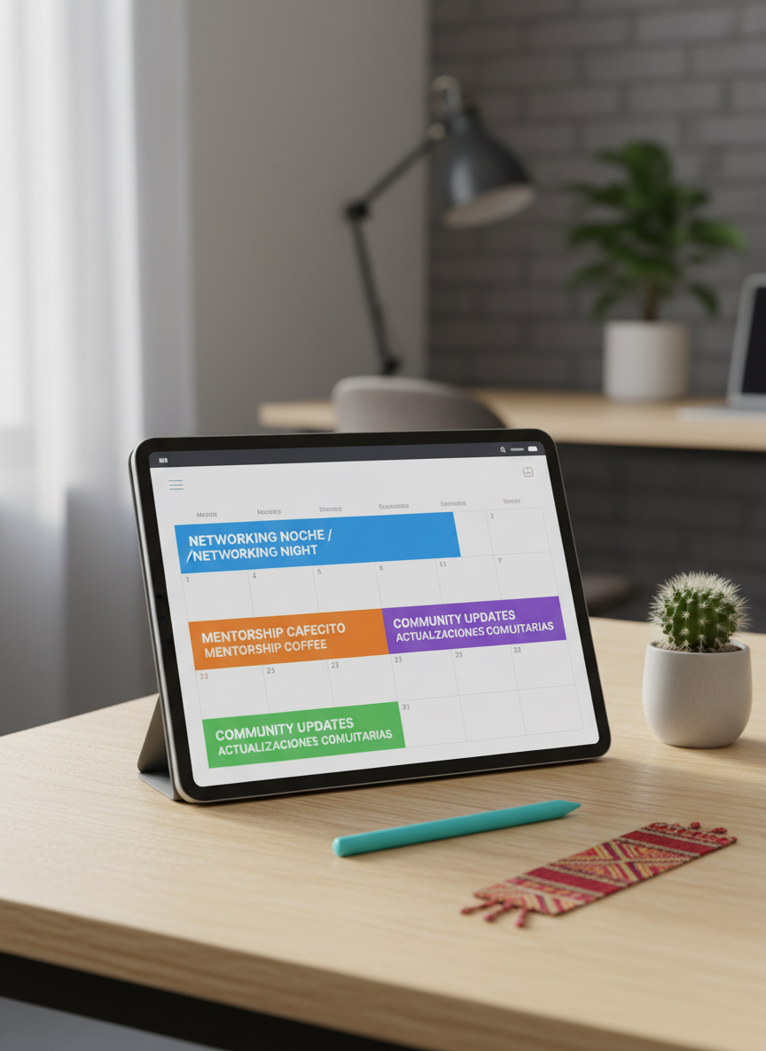 A festive, yet minimalist digital calendar interface displayed on a sleek tablet lying on a light birch table, the screen filled with colorful event blocks labeled in both Spanish and English: “networking noche,” “mentorship cafecito,” and “community updates.” Around the tablet are neatly arranged accessories: a bright turquoise pen, a tiny potted cactus, and a woven bookmark with red and gold patterns. Soft morning light from a nearby window reflects gently off the tablet glass, creating subtle highlights without glare. The background softly blurs into a neutral, modern workspace. Photographic realism with a clean, tech-savvy aesthetic and vibrant pops of color, evoking organization, excitement, and accessibility for Latino community events in West Michigan.