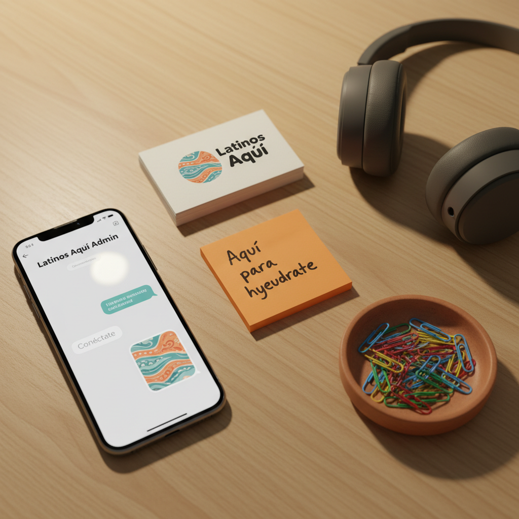 A polished, photographic close-up of a contact and support corner on a light wood desk: a sleek smartphone displaying a chat interface labeled “Latinos Aquí Admin,” next to a small stack of embossed business cards with playful, rounded typography and a logo blending West Michigan’s shoreline with Latin American textile patterns. A bright orange sticky note reads “Aquí para ayudarte” in handwritten marker. A pair of headphones and a ceramic dish holding colorful paperclips complete the scene. Soft, warm desk lamp lighting creates a cozy, approachable glow with gentle shadows, while the composition follows the rule of thirds. The mood is reassuring, friendly, and modern, emphasizing easy, supportive communication without showing any people.